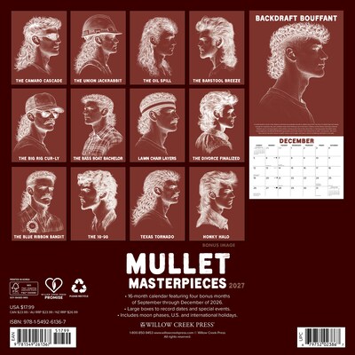 2027 Willow Creek Mullet Masterpieces 12 x 12 Monthly Wall Calendar, Assorted Colors (61367)