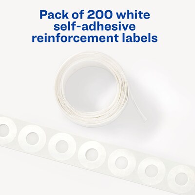 Avery Self-Adhesive Plastic Reinforcement Labels in Dispenser, 1/4" Diameter, Matte White, 200/Pack (5729)