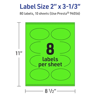 Avery Laser/Inkjet Multipurpose Oval Labels, 2" x 3-1/3", Neon Green, 80/Pack (94056)