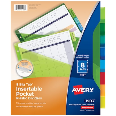 Avery Big Tab Insertable Plastic Dividers with Pocket, 8 Tabs, Multicolor (11903)