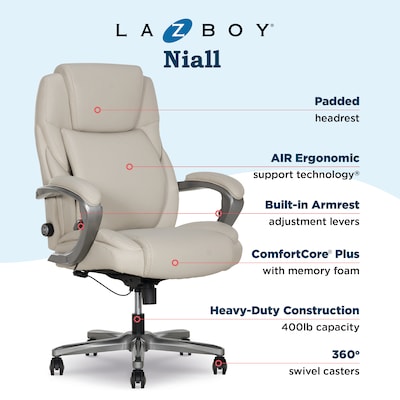 La-Z-Boy Niall AIR Lumbar Pro+ Ergonomic Vegan Leather Executive Big & Tall Chair, 400 lb. Capacity, Beige (60114-BGE)