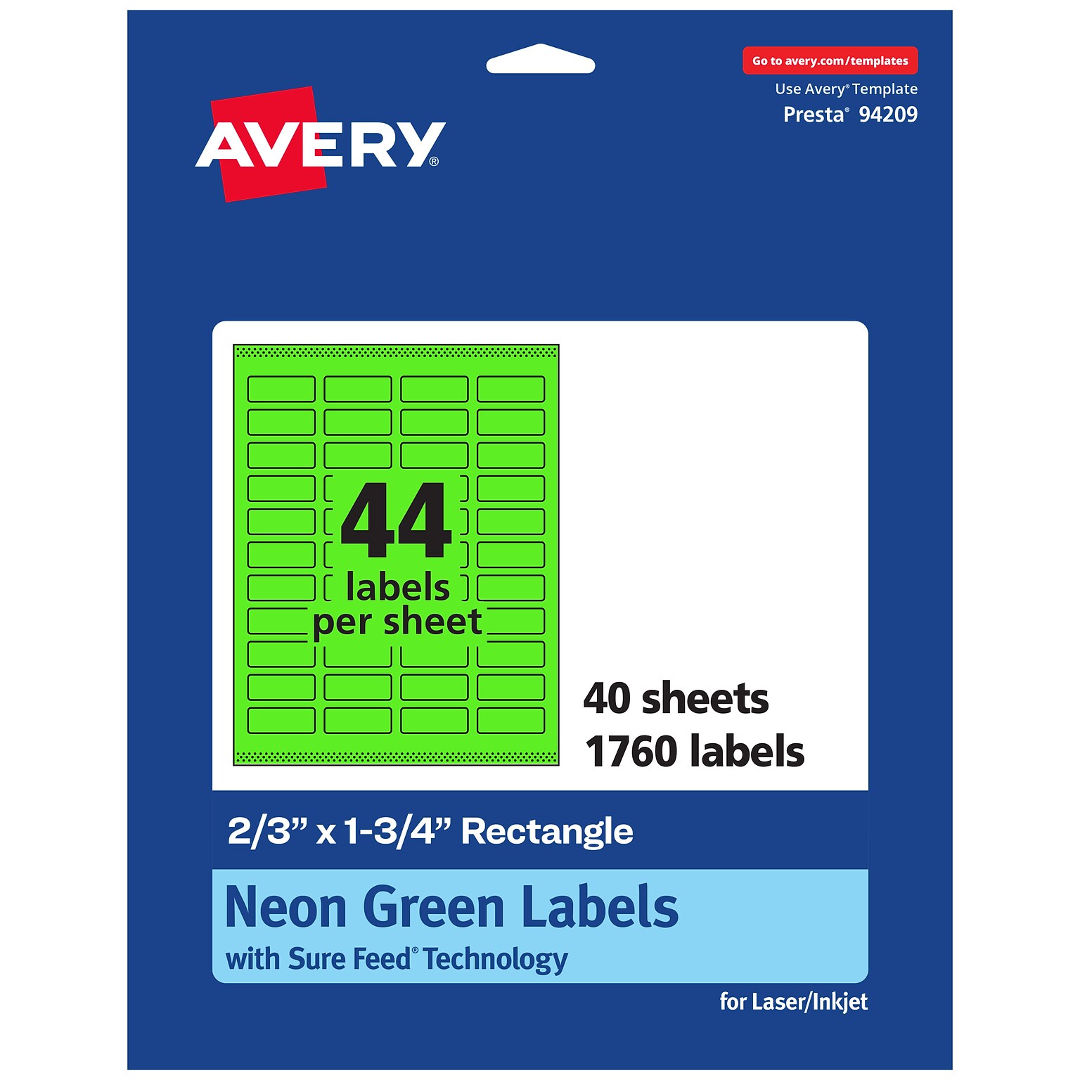 Avery Laser/Inkjet Multipurpose Rectangle Labels, 2/3 x 1-3/4, Neon Green, 1760/Pack (94209)