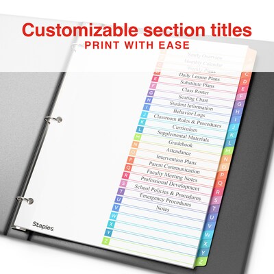 Staples Durable Paper A-Z Alphabetical Dividers, 26-Tabs, Multicolor