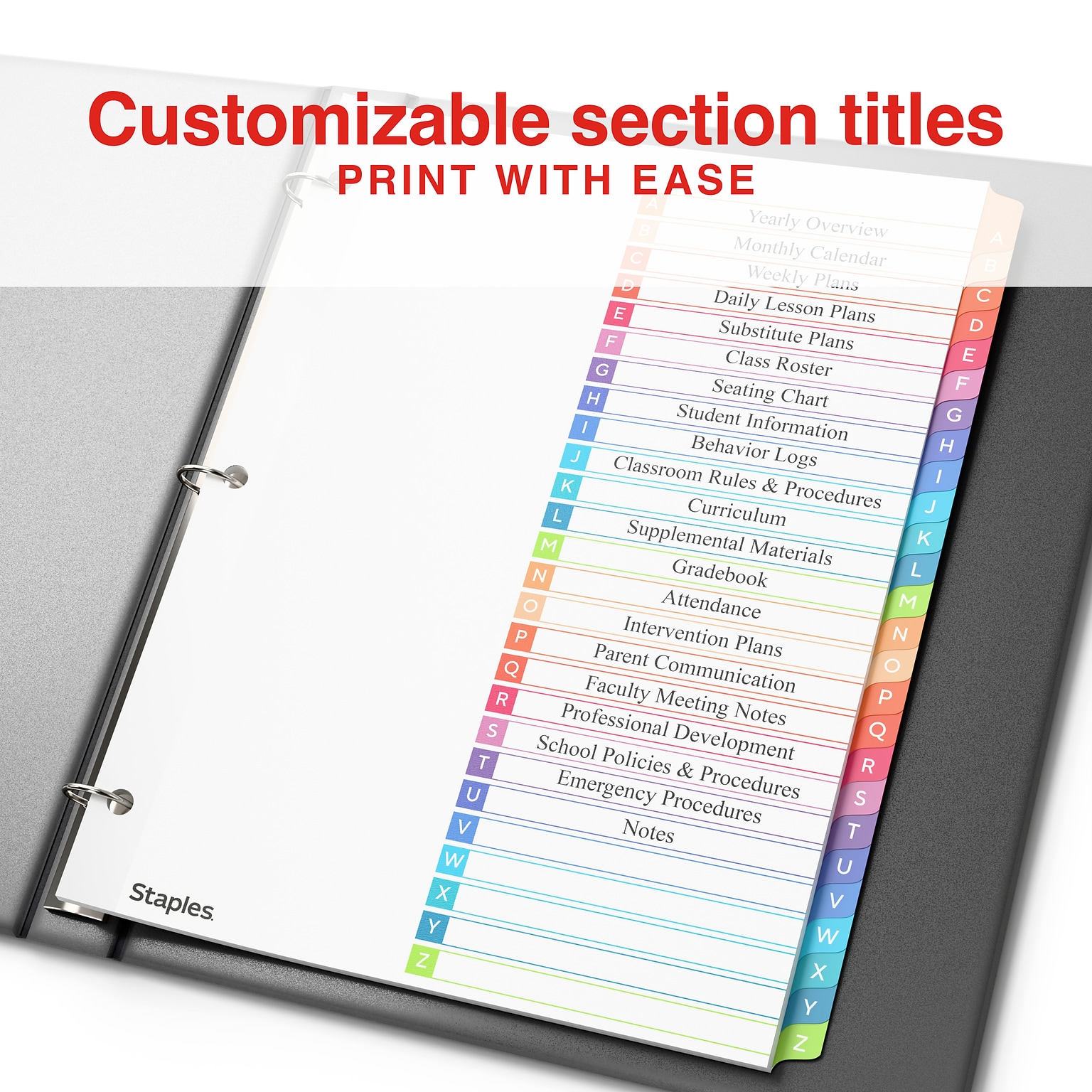 Staples Durable Paper A-Z Alphabetical Dividers, 26-Tabs, Multicolor