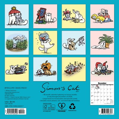 2027 Willow Creek Simons Cat 2027 7 x 7 Mini Wall Calendar 7 x 7 Monthly Wall Calendar, Assorted Colors (64207)