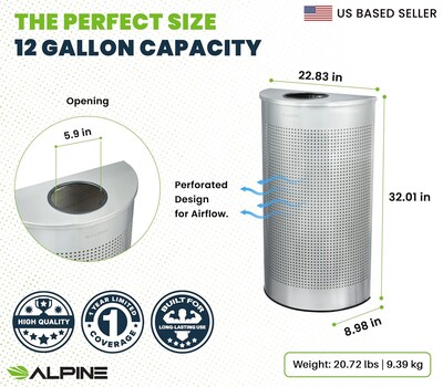 Alpine Industries Stainless Steel Trash Can, 12 Gallon, Silver (ALP438-12HR-SS)
