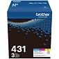 Brother TN-431 Cyan/Magenta/Yellow Standard Yield Toner Cartridge, Up to 1,800 Pages, 3/Pack (TN4313