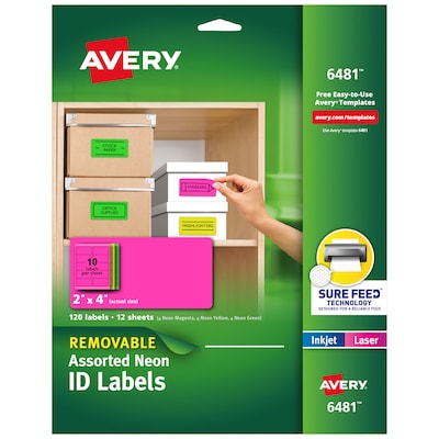 Avery Sure Feed Laser/Inkjet ID Labels, 2 x 4, Assorted Neon, 120 Labels/Pack (6481)