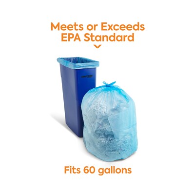 Coastwide Professional™ 60 Gallon Trash Bag with 30% PCR, 38" x 58", Low Density, 0.8 mil, Blue, 100 Bags/Box, 5 Rolls/Box