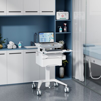 Mount-It! MedHub Mobile Medical Cart Workstation with Drawers and Locking Caster Wheels, White/Grey