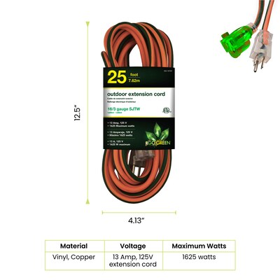 GoGreen Power 25 Indoor/Outdoor Extension Cord, 16 AWG, Orange (GG-13725)
