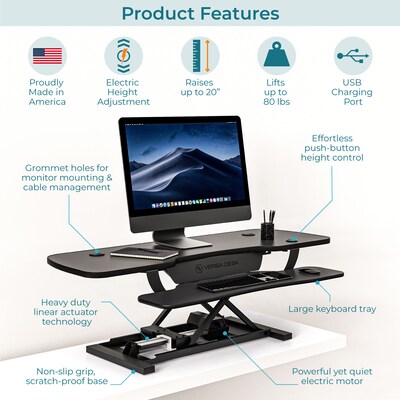 VersaDesk PowerPro 48"W Electric Adjustable Standing Desk Converter, Black (SP7644824-00-01)