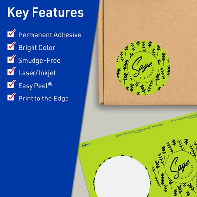 Avery Laser/Inkjet Multipurpose Circle Labels, 3.5 Dia., Bright Green, 80/Pack (94514)
