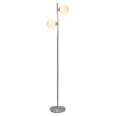 Simple Designs 66" Tall Mid Century Modern Standing Tree Floor Lamp w/ Dual White Glass Globe Shade, Brushed Nickel (LF1044-BSN)