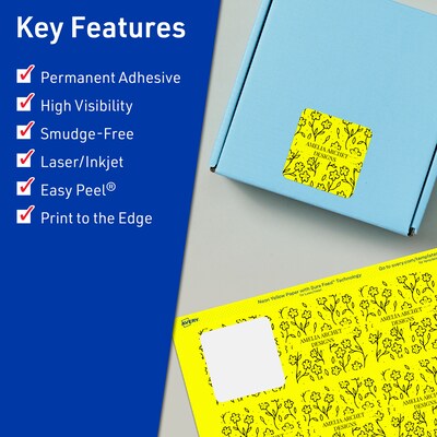 Avery Laser/Inkjet Square Multipurpose Labels, 2" x 2", Neon Yellow, 480/Pack (94107)