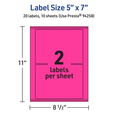 Avery Laser/Inkjet Rectangle Multipurpose Labels, 5" x 7", Neon Magenta, 20/Pack (94258)