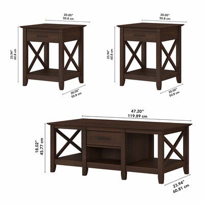 Bush Furniture Key West 47" x 24" Coffee Table with Set of 2 End Tables, Bing Cherry (KWS023BC)