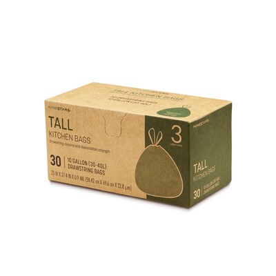 Nine Stars 3-10 Gallon Drawstring Kitchen Trash Bags, White, 30 Bags/Box (NSTB-10-30)