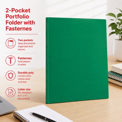 Staples 2-Pocket Portfolio Folder with Fasteners, Letter Size, Durable Poly Construction, Green