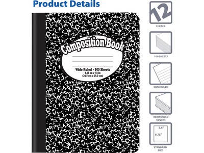 Better Office 1-Subject Composition Notebooks, 7.5 x 9.75, Wide Ruled, 100 Sheets, Black, 12/Pack