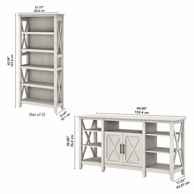 Bush Furniture Key West Tall TV Stand with Set of Two Bookcases, Linen White Oak, Screens up to 65" (KWS027LW)