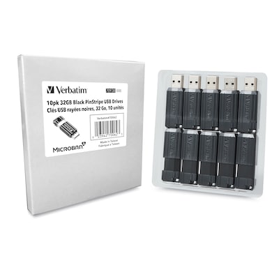 Verbatim PinStripe 32GB USB 2.0 Type A Flash Drive, Black, 10/Pack (70062)