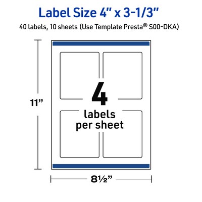 Avery Laser/Inkjet Rectangle Multipurpose Labels, 4" x 3-1/3", White, 40/Pack (S00-DKA)