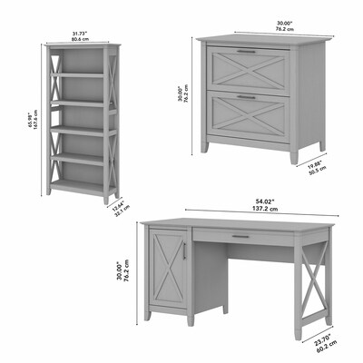 Bush Furniture Key West 54"W Computer Desk with Lateral File Cabinet and Bookcase, Cape Cod Gray (KWS009CG)