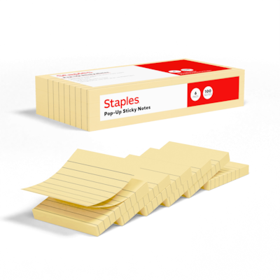 Staples Pop-up Sticky Notes, 3 x 3, Sunshine Collection, Lined, 100 Sheets/Pad, 6 Pads/Pack (ST628