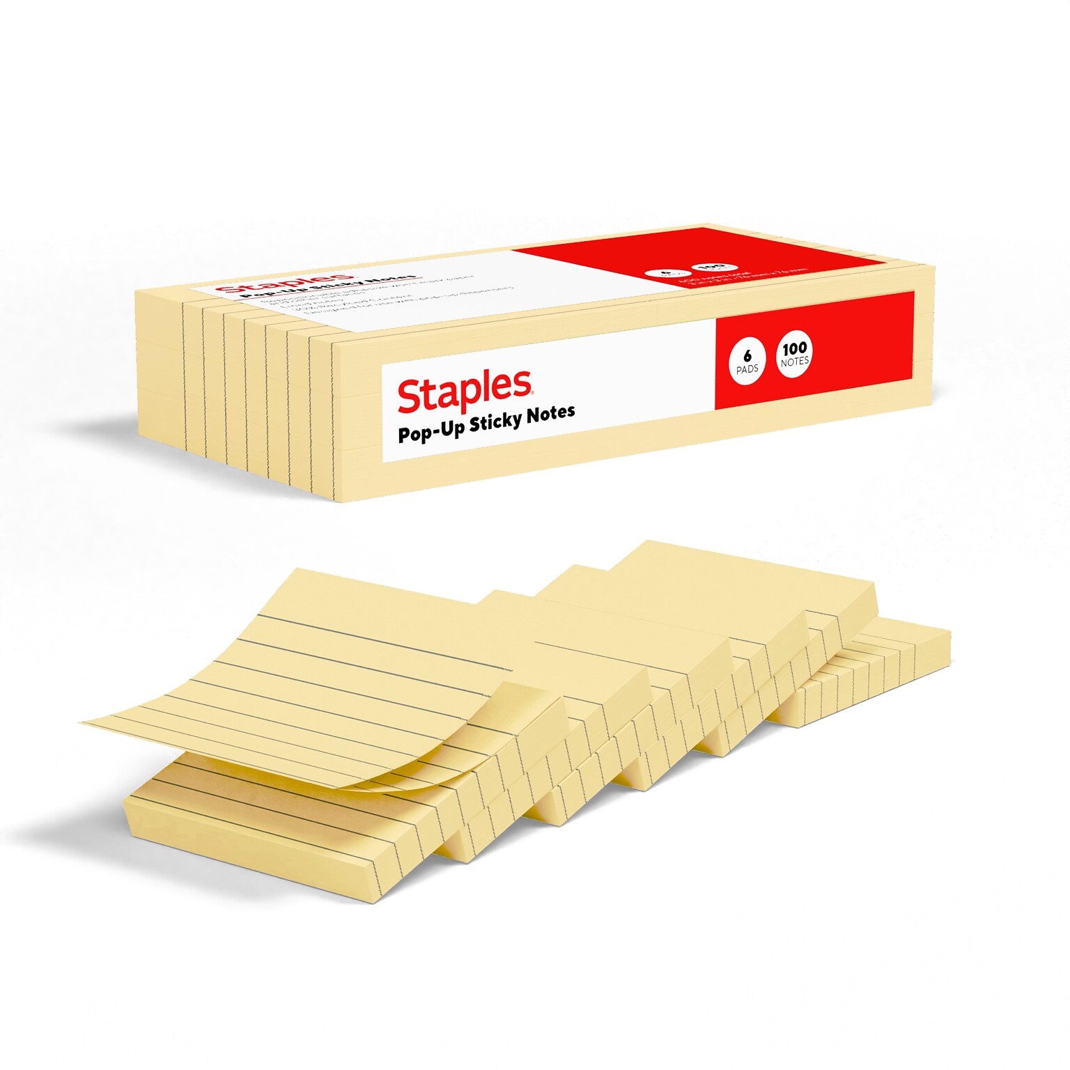 Staples Pop-up Sticky Notes, 3 x 3, Sunshine Collection, Lined, 100 Sheets/Pad, 6 Pads/Pack (ST62874)
