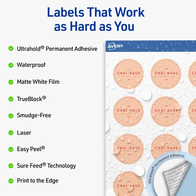 Avery Waterproof Round Laser Multipurpose Labels, 1.5 Dia., White, 2000/Box (19479399427)