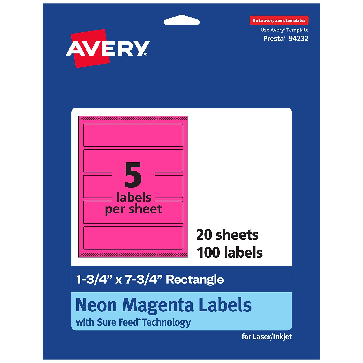 Avery Laser/Inkjet Rectangle Multipurpose Labels, 1.75 x 7.75, Neon Magenta, 100/Pack (94232)