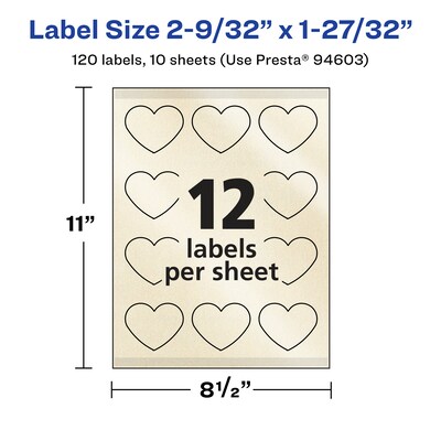 Avery Pearlized Ivory Heart Shaped Multipurpose Labels, 2-9/32" x 1-27/32", Ivory, 120/Pack (94603)
