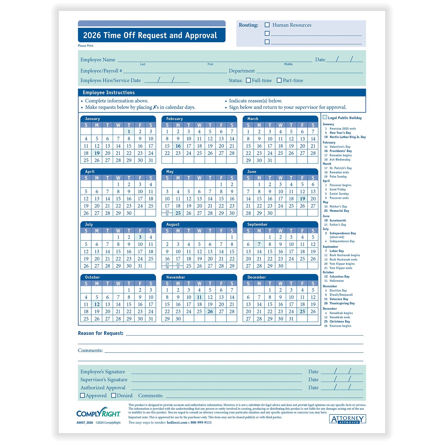 ComplyRight 2026 Time Off Request and Approval Calendar, 50 Forms/Pack (A0037)