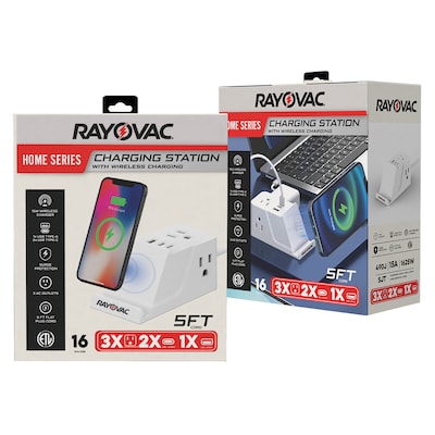 RAYOVAC 3-Outlet 3-USB Port Wireless Charging Station Surge Protector, 5-ft., 540 Joules, White (SS-P313A)