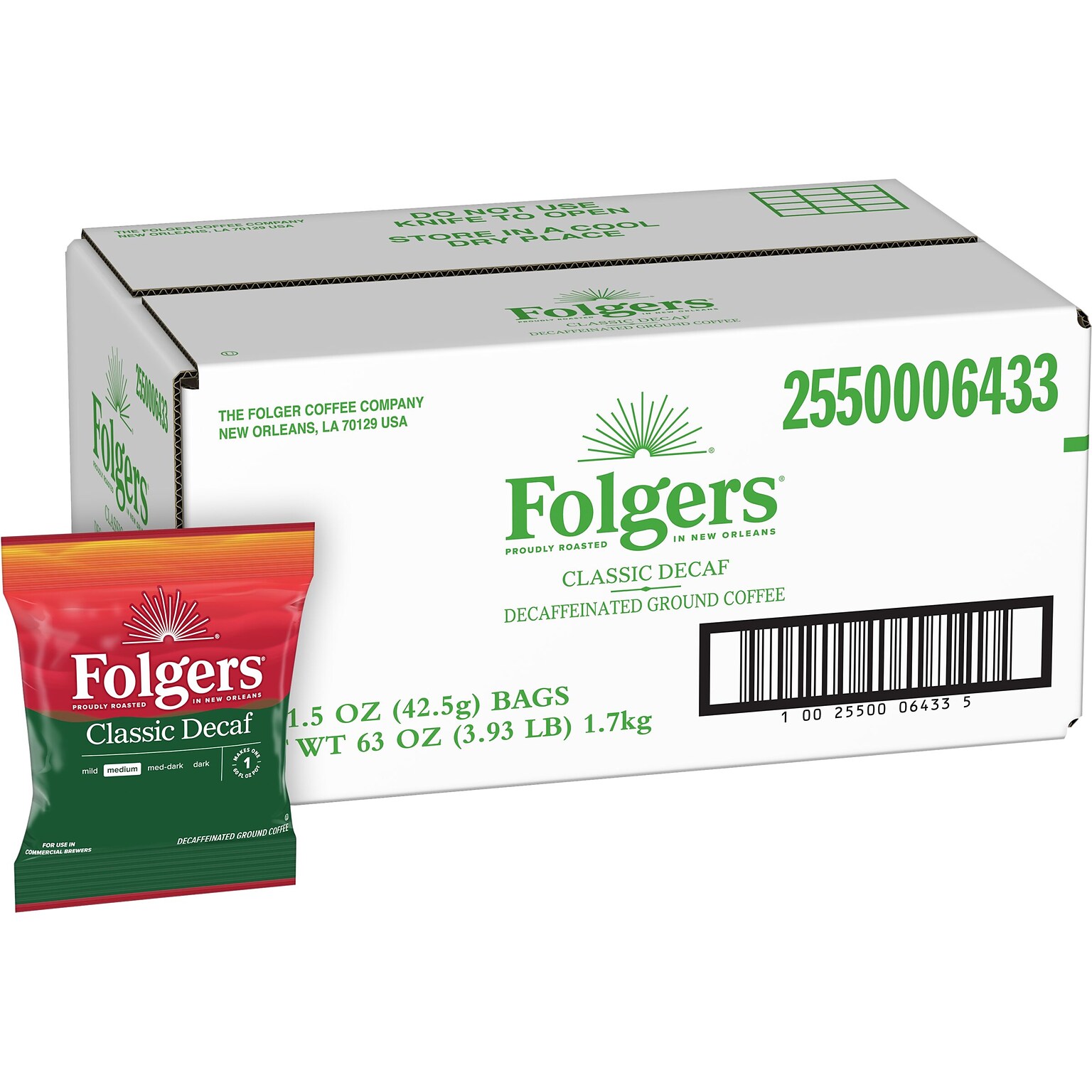 Folgers Classic Roast Decaf Coffee Fraction Pack, Medium Roast, 1.5 oz., 42/Carton (PRO20007)