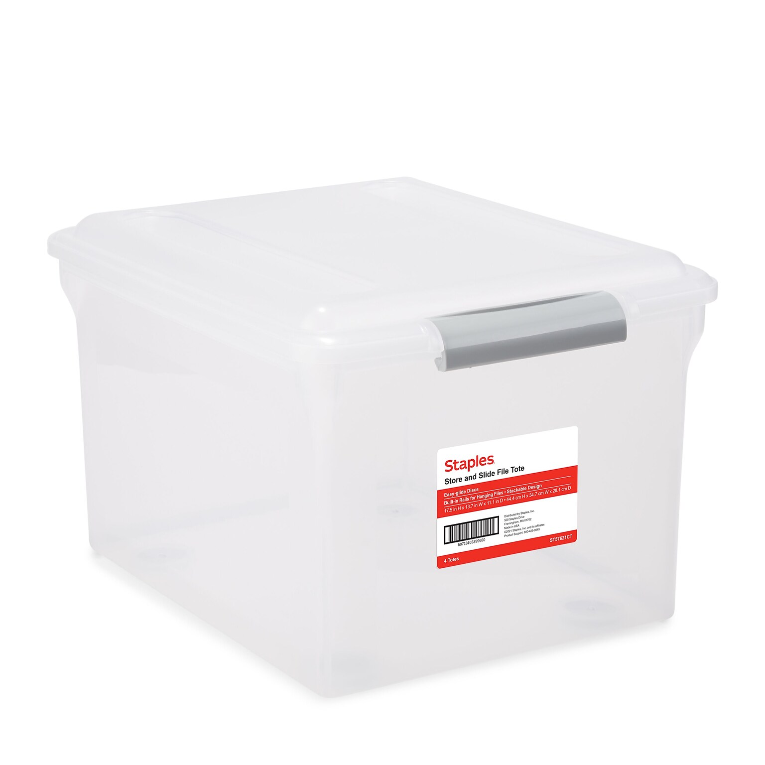 TRU RED™ Store & Slide Hanging File Box, Latch Lid, Letter/Legal Size, Clear, 4/Carton (TR57621CT)