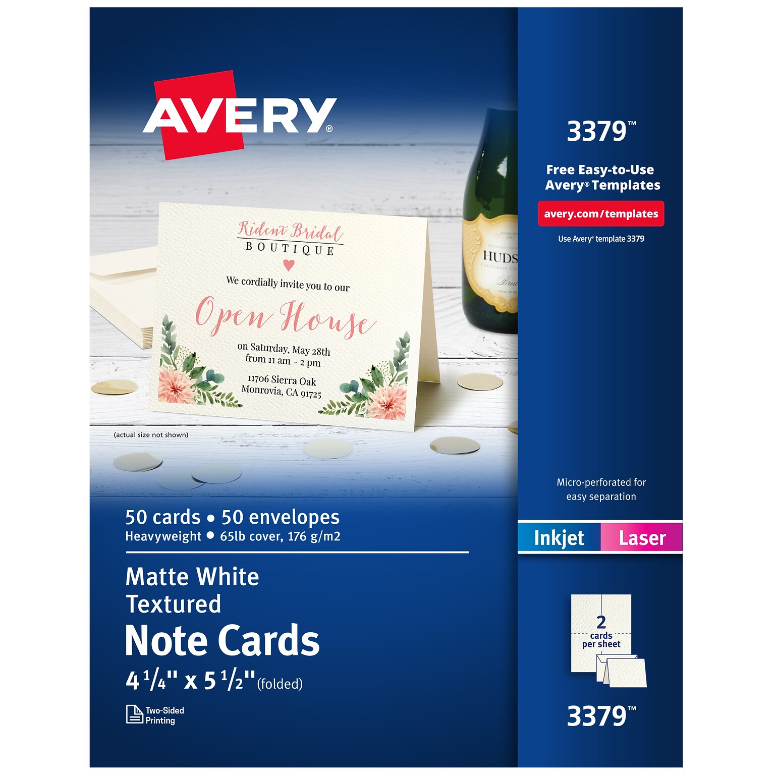 Avery Textured Genral Use Note Cards, White, 50/Pack (03379)