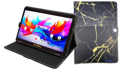 LINSAY F10 Series 10.1 Tablet, Wi-Fi, Octa Core, 256GB eMMC, Android 15, Black & Golden Marble Case (F10IPGCBLAPLUS)