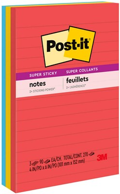 Post-it Super Sticky Notes, 4 x 6, Playful Primaries Collection, Lined, 90 Sheet/Pad, 3 Pads/Pack