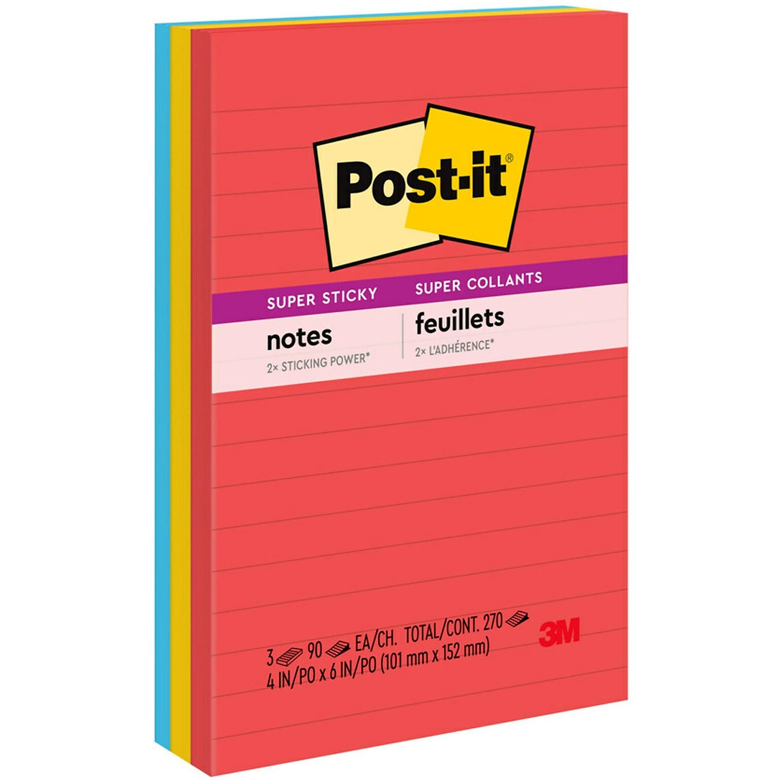Post-it Super Sticky Notes, 4 x 6, Playful Primaries Collection, Lined, 90 Sheet/Pad, 3 Pads/Pack (6603SSAN)