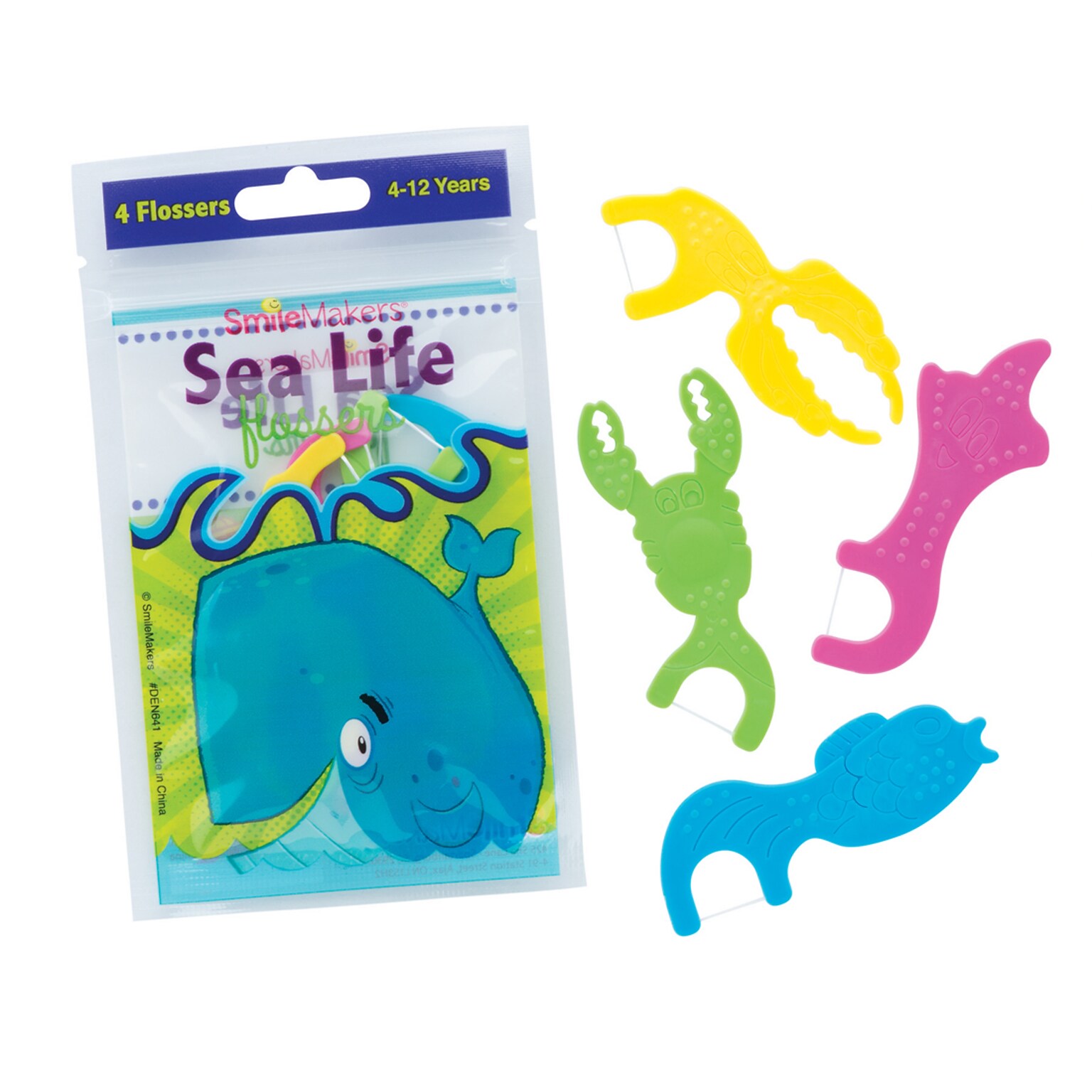 SmileMakers SmileCare Dental Floss, Sea Life Flosser, 4/Pack, 144 Pack/Carton (DEN641)