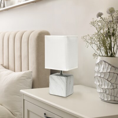 Simple Designs Petite Marbled Ceramic Table Lamp Fabric Shade, White with White Shade (LT2071-WOW)