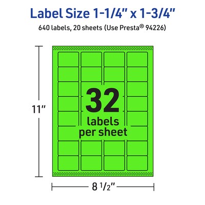 Avery Laser/Inkjet Multipurpose Rectangle Labels, 1.25" x 1.75", Neon Green, 640/Pack (94226)