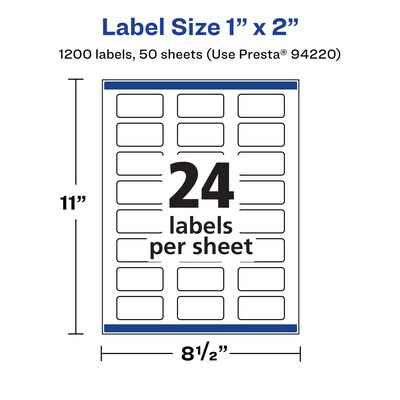 Avery Laser/Inkjet Rectangle Multipurpose Labels, 1" x 2", White, 1200 Labels/Box (94220)