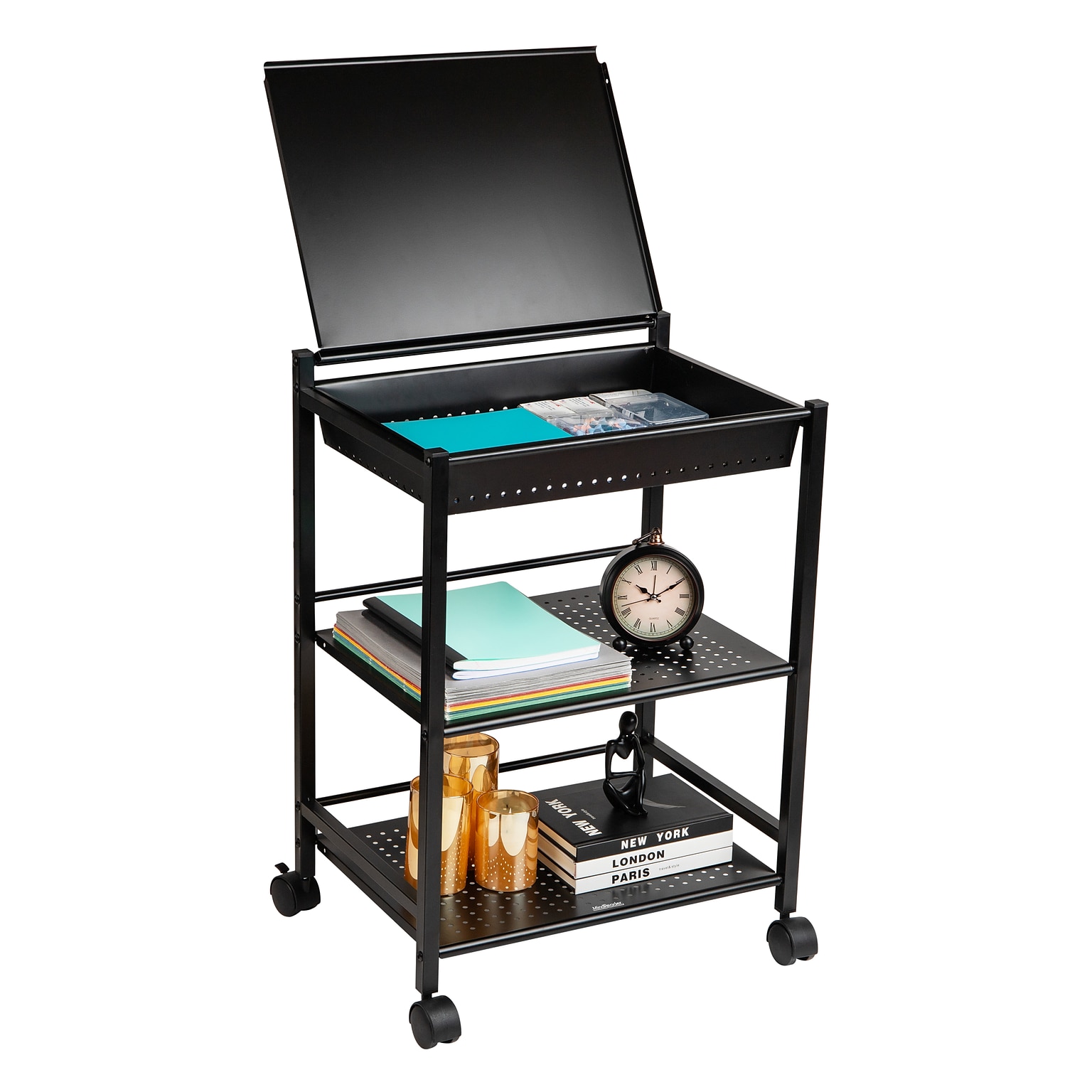 Mind Reader 3-Tier Metal Cart with Covered Compartment, Black (LGCART3T-BLK)
