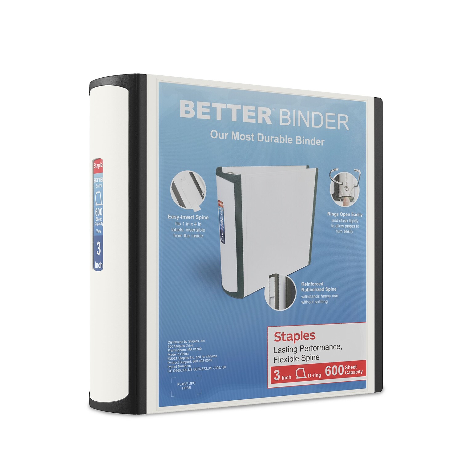 Staples Heavy Duty 3 3-Ring Better Binder, D-Ring, White (ST55887-CC)