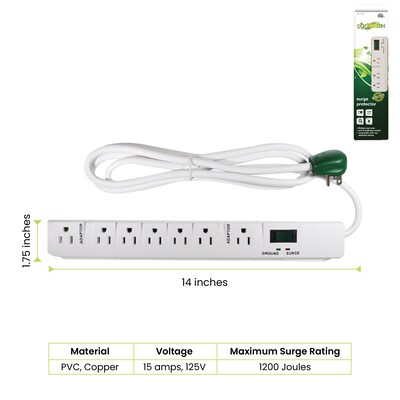 GoGreen Power 6 Metal Surge Protector, 7 Outlets, White (GG-17636)