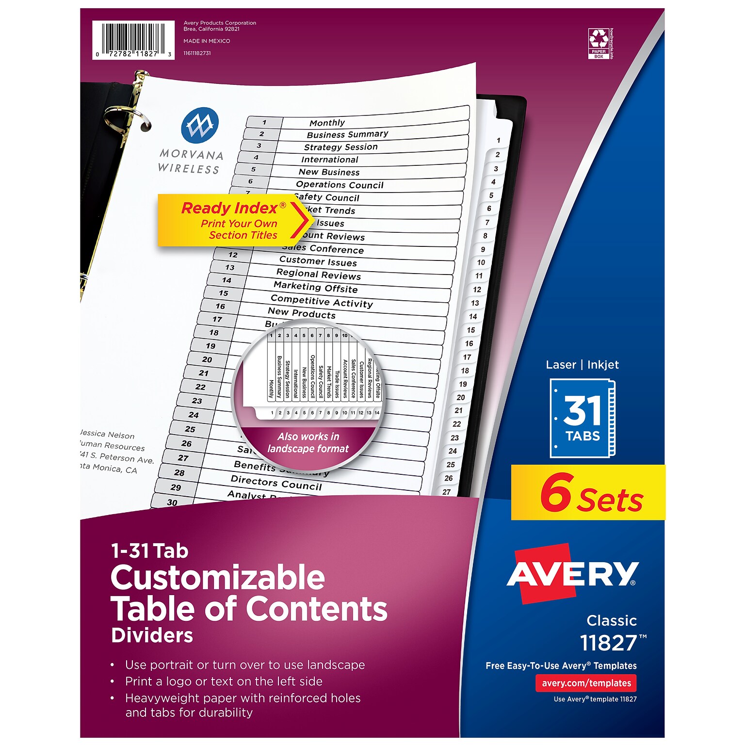 Avery Ready Index Table of Contents Paper Dividers, 1-31 Tabs, White, 6 Sets/Pack (11827)