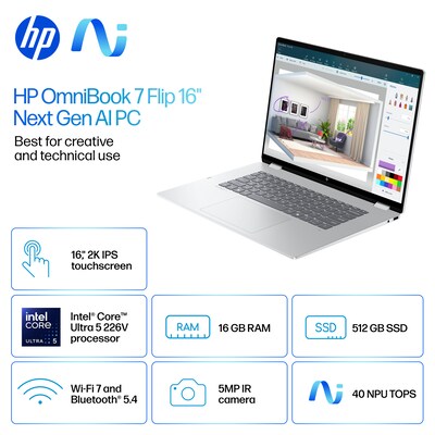 HP OmniBook 7 Flip 16 FHD 2-in-1, Copilot+ PC, Intel Core Ultra 5, 16GB RAM, 512GB SSD,+ 23 hours b